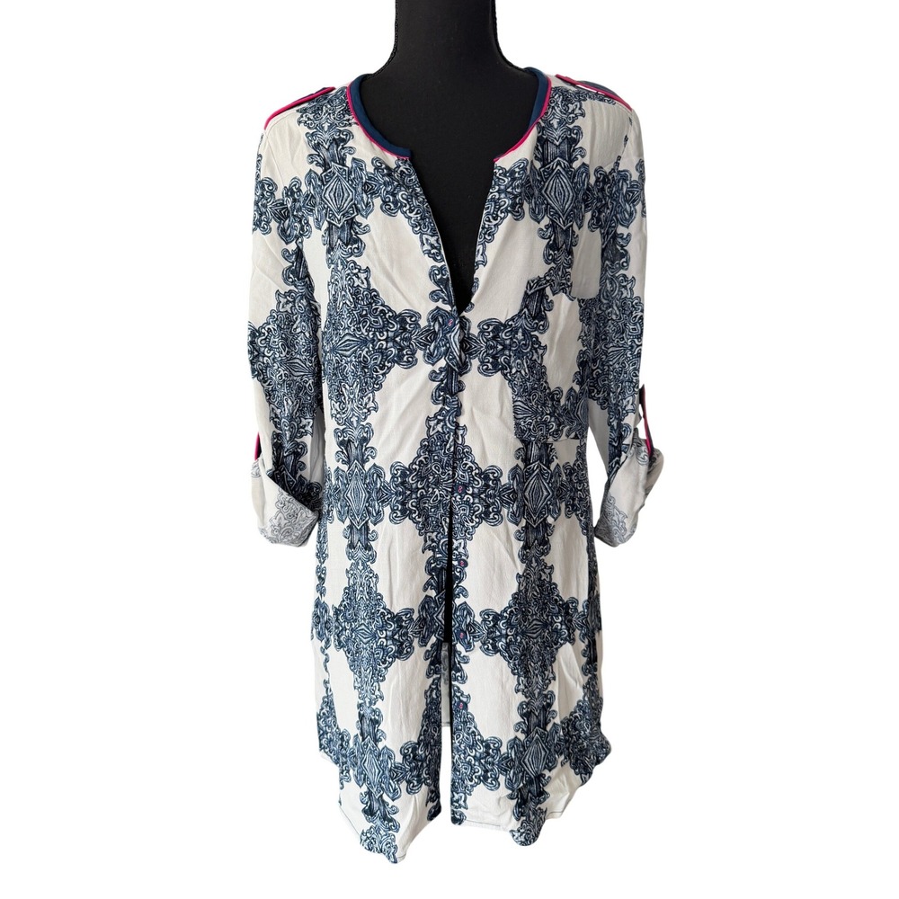 Soft Surroundings White Blue Damask Tunic Top Womens Size S Roll Tab Sleeves